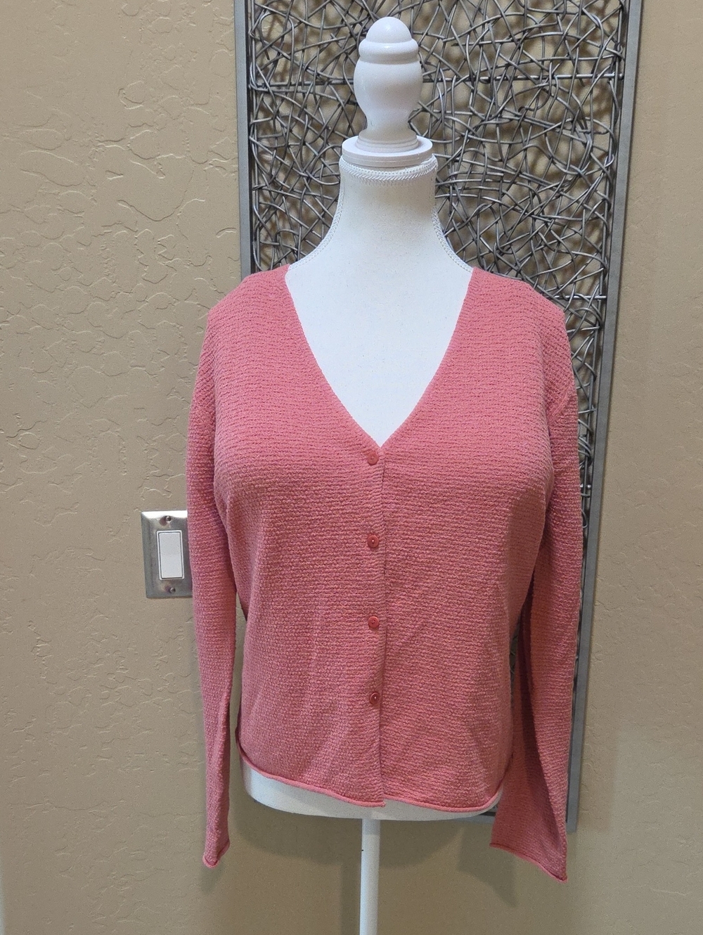 Eileen Fisher Lightweight Wool V-Neck Button Front Women's Carigan In Rose Pink